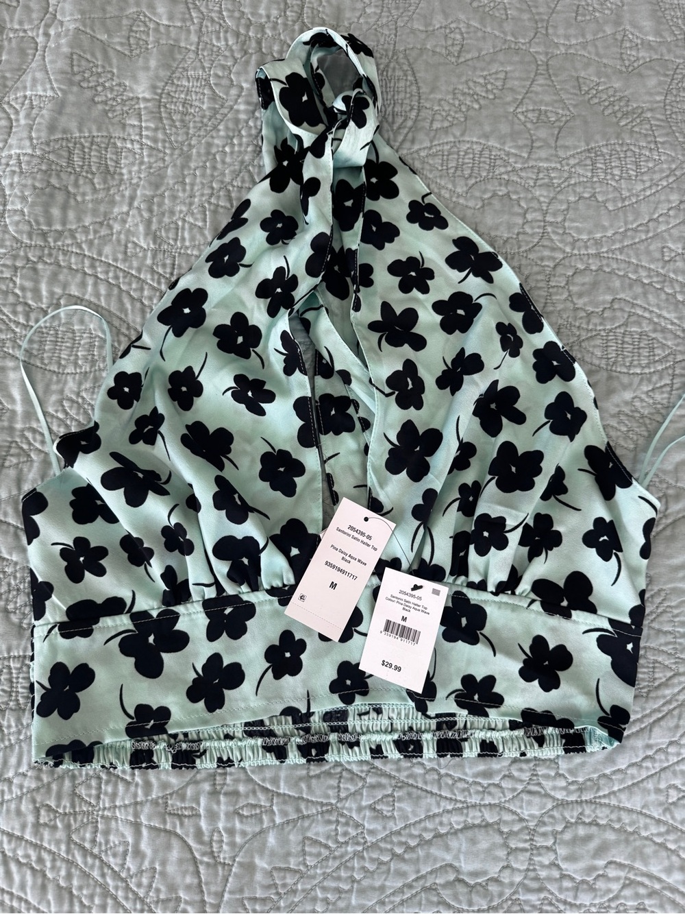 Cotton On Mint Green Halter Crop Top with Black Floral Print